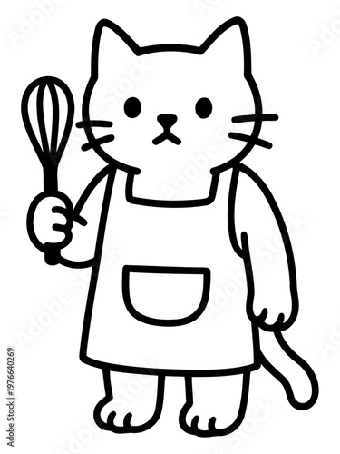 Whisking Cat: A charming cartoon cat, sporting a classic apron and wielding a whisk, ready to bake up a delightful treat!