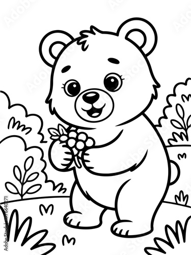 Friendly Bear: a charming bear cub stands in a playful pose, holding a bunch of berries, its eyes sparkling with innocent joy amidst the whimsical sketch.