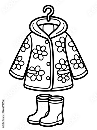 Rainy Day Gear: A cheerful depiction of essential rain attire, featuring a flowered raincoat and matching wellington boots. The illustration captures the essence of a playful, drizzly day.