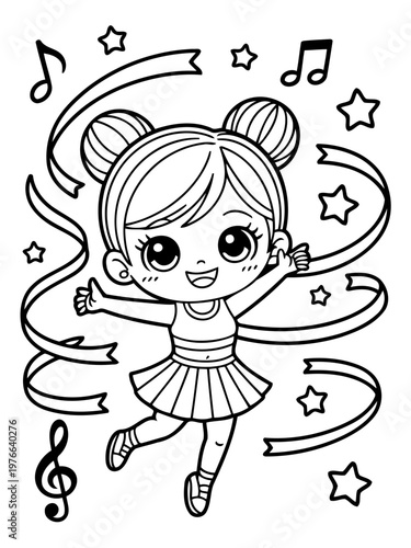Dancing Girl illustration: A cheerful girl dances amidst musical notes and stars, ribbons flowing gracefully around her. A scene of joyful movement.