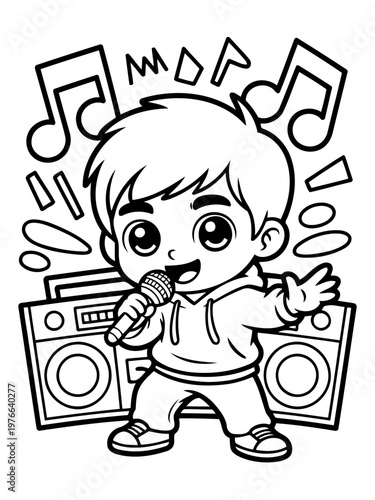 Melody Maestro: A charming young boy, brimming with musical passion, captivates the audience with a powerful vocal performance, accompanied by iconic music symbols.