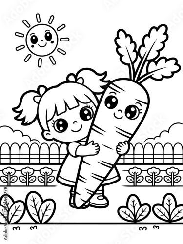 Girl with Carrot Cartoon: A joyful illustration shows a cute girl hugging an adorable, oversized carrot, both smiling with glee in a sunny garden, ideal for coloring and children's projects.
