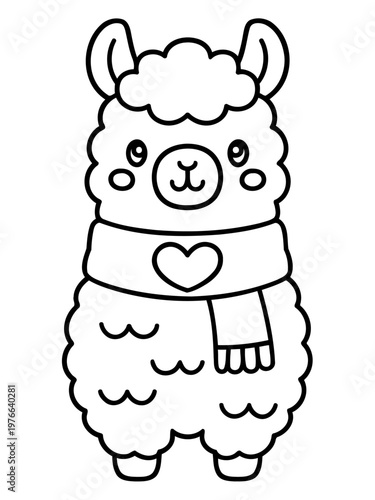 Charming Llama in Winter Attire: An adorable, stylized llama wearing a cozy scarf adorned with a heart, radiating warmth and friendliness.