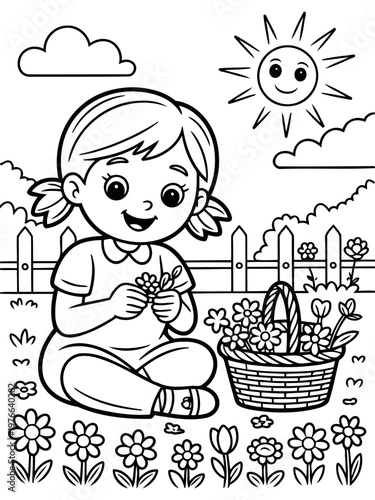 Girl Gathering Flowers: A delightful illustration of a young girl seated in a vibrant garden, carefully picking flowers, her basket brimming with blossoms under a smiling sun.
