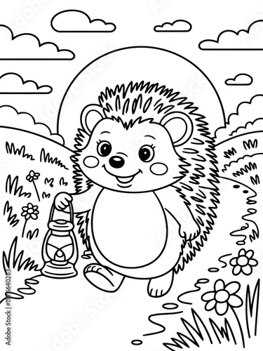 Hedgehog Adventure with lantern: A charming hedgehog ventures out, carrying a lantern along a path. It exudes an endearing charm. Perfect for coloring, the illustration embodies a sweet.