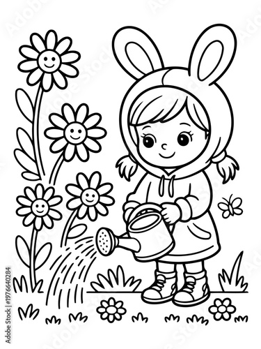 Blooming Delights: A child, adorned in a playful rabbit-eared hood, tends to a garden of cheerful daisies, their watering can showering life-giving droplets.