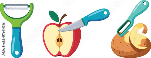 Kitchen tools peeler knife with apple and potato isolated set cooking preparation utensils food cutting vector illustration collection design