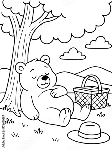 Naptime Picnic: A cartoon bear, resting serenely under a tree on a sunny day with picnic basket and a hat, evokes a sense of tranquility and leisure.
