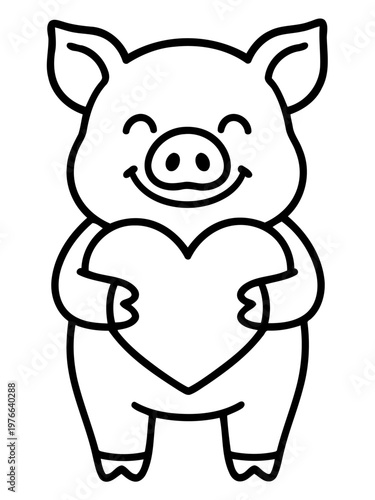 Affectionate Pig: A cheerful and charming cartoon pig tenderly embraces a heart, radiating love and positivity.