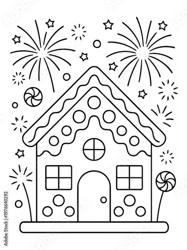 Holiday Home Fireworks: An adorable illustration of a gingerbread house with cheerful fireworks to the sky, symbolizing festive celebrations and delightful moments.