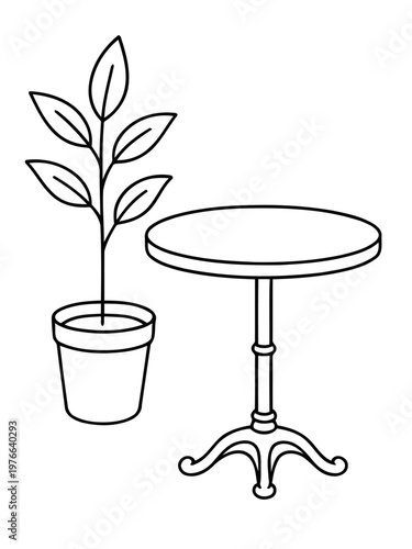 Minimalist Arrangement: A line drawing of a potted plant beside a bistro table, an elegant composition for simplicity and modern decor.