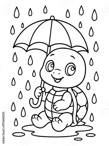 Cheerful Turtle in a Downpour: A cute turtle embraces the rain with an umbrella, its adorable smile radiates joy and optimism during a shower.
