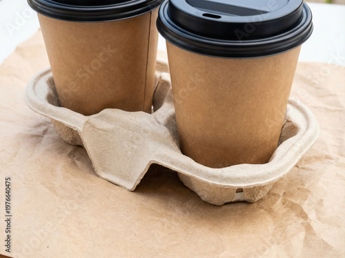 Two Brown Paper Coffee Cups in a Cardboard Tray paper cups disposable cups