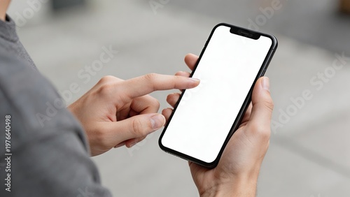 Close up of man hand using smartphone with blank white screen modern mobile phone mockup for app interface design touch screen technology digital lifestyle communication concept