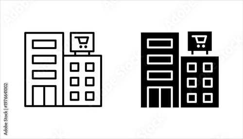 Shopping centre linear icon set. Mall building. Supermarket symbol. vector illustration on white background