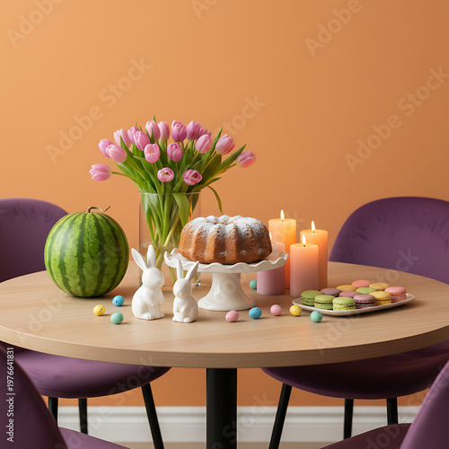 Minimalist Easter brunch setup featuring a modern wooden table, vibrant tulips, and soft pastel decorations against a bold orange wall. Spring/Easter Home Decor & Interior Design