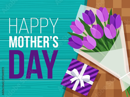 Happy Mother's Day Illustration with Bouquet of Purple Tulips and Gift Box on Blue Wood Background