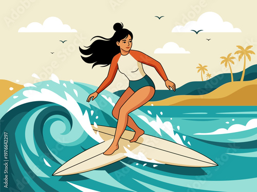 Surfing Woman Illustration - Young Female Surfer Riding a Large Wave at a Tropical Beach with Palm Trees and Mountains - Flat Vector Style Art