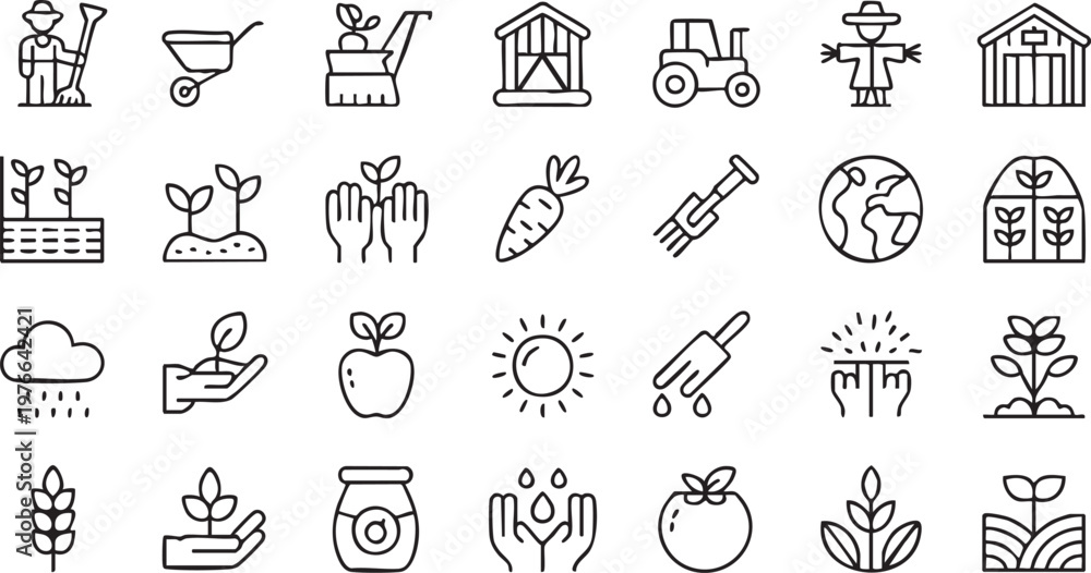 Fototapeta premium Organic Farming and Plant Outline Icons Collection for Eco Projects