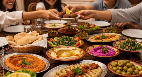 Friends enjoying a communal feast with hummus pita bread falafel and colorful vegetable salads