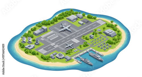 Isometric 3D military vector illustration of a military base on a tropical island with an airport runway, control towers, and ships docked at the harbor, rendered with a bright, clean