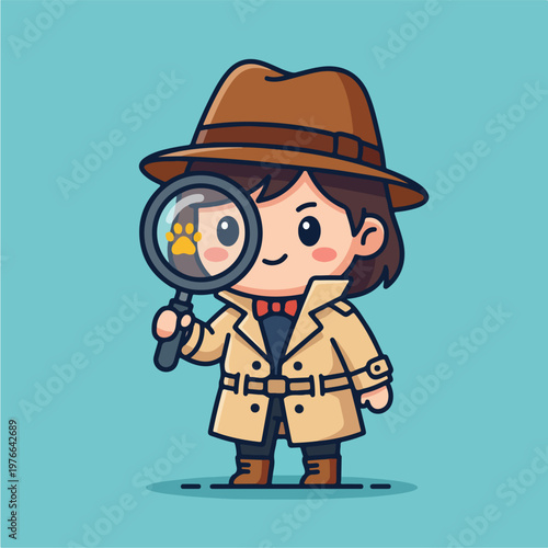 Cartoon child detective with magnifying.