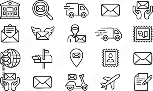 Postal Service and Envelope Outline Icons Collection for Messaging