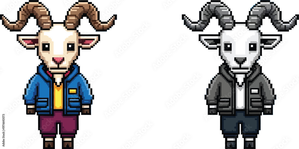 Fototapeta premium Pixel art cartoon goats wearing hoodies and pants, one in blue and purple, the other in grey and dark blue, standing side by side.