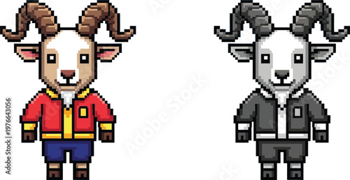 Two pixel art goat characters, one in a red and blue outfit, the other in a grey and black outfit, both with horns and a friendly expression.