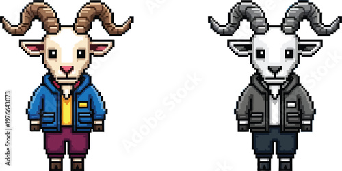 Pixel art cartoon goats wearing hoodies and pants, one in blue and purple, the other in grey and dark blue, standing side by side.