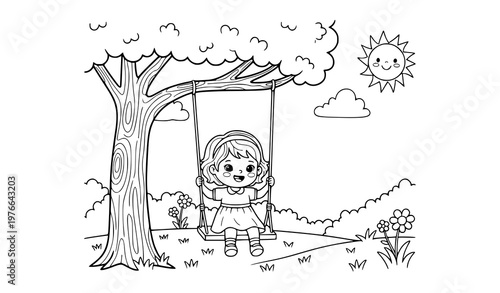 Girl on swing kids coloring page outdoor vector illustration isolated on white background