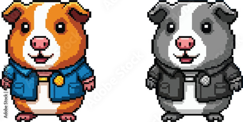 Two adorable pixel art guinea pigs, one orange and white in a blue jacket, the other grey and white in a black jacket, both smiling.