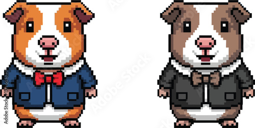 Two pixel art guinea pigs dressed in suits and bow ties, one orange and one brown, smiling.