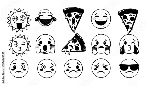 Funny emoji doodle set sun pizza tongue out dizzy faces vector illustration isolated on white background