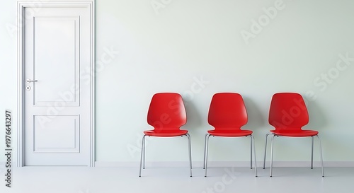Minimalist hospital waiting room with three red chairs and a white door.