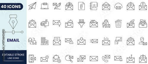 Email icon set in outline style. Editable stroke. Vector icon collection.