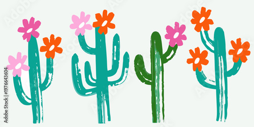 Stylized illustration of turquoise cacti with vibrant orange and pink flowers
