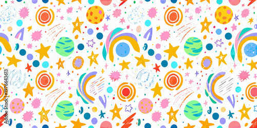 Colorful abstract pattern featuring stars planets and rainbow arcs