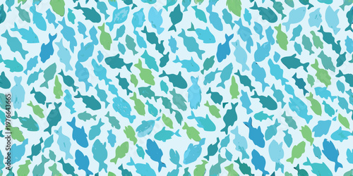 A colorful repeating pattern of abstract fish shapes fills the frame