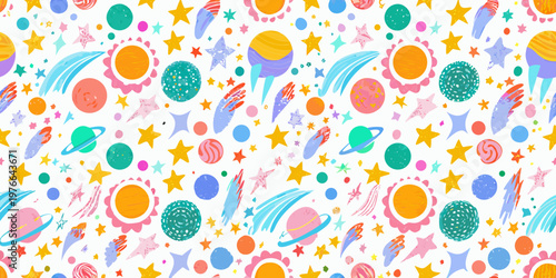 Colorful pattern featuring planets stars and celestial objects