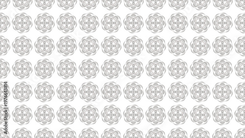 Seamless pattern featuring elegant light gray abstract circular motifs with a cross-like geometric center on a clean white background, creating a subtle, modern decorative texture, ideal