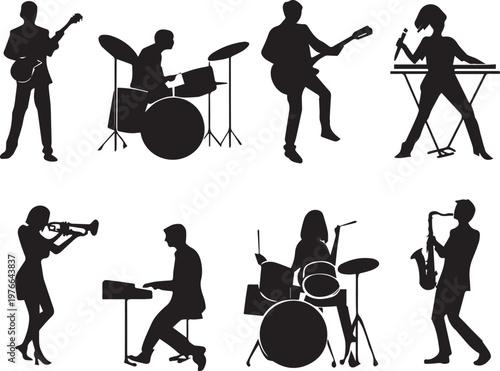 Musical band performers silhouettes with instruments representing concert entertainment and artistic expression