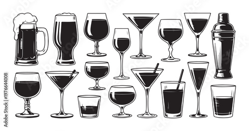 Alcoholic beverages vector illustration. restaurant and pub drink menu icons. glassware collection.