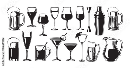 Alcohol drinks set monochrome vintage vector illustration. Different glasses and cocktails collection.