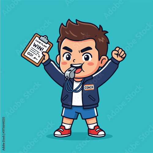 Cheerful Cartoon Coach Boy Celebrating.