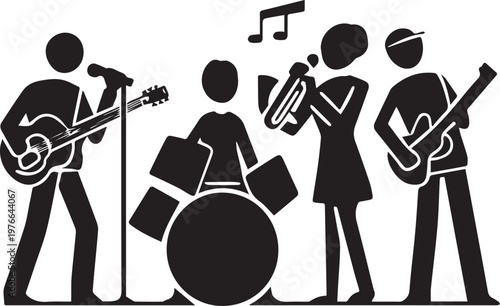 Professional musicians band silhouettes playing instruments during energetic live concert performance