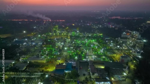 Aerial night view of Grasim industrial plant with illuminated factory lights in Nagda, India