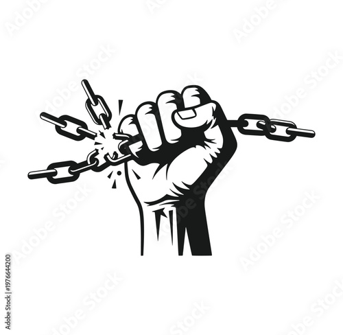 A clenched fist breaking free from a chain with a burst of energy  symbolizing freedom and strength