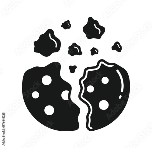 Black and white illustration of a broken chocolate chip cookie on white background