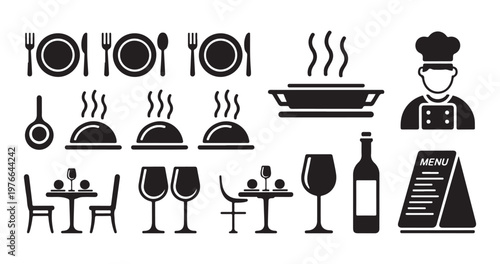 Restaurant and kitchen cooking icons vector illustration, dining table, chef, hot food and menu.